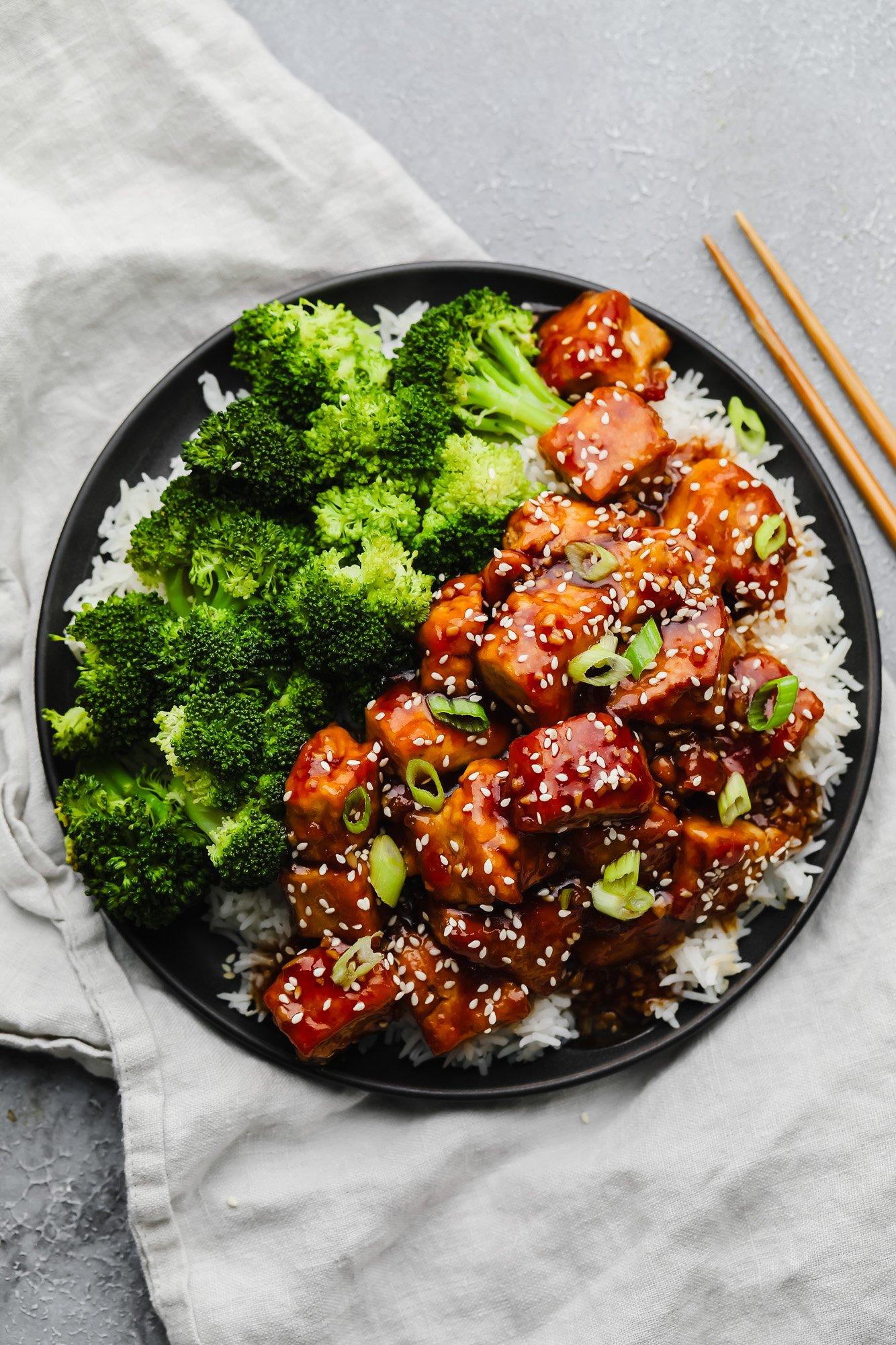 delicious teriyaki tofu with brown rice in a bowl
