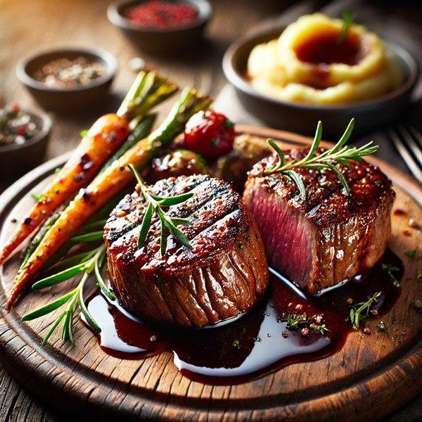 seared elk medallions on a plate with juniper berry sauce drizzled on top