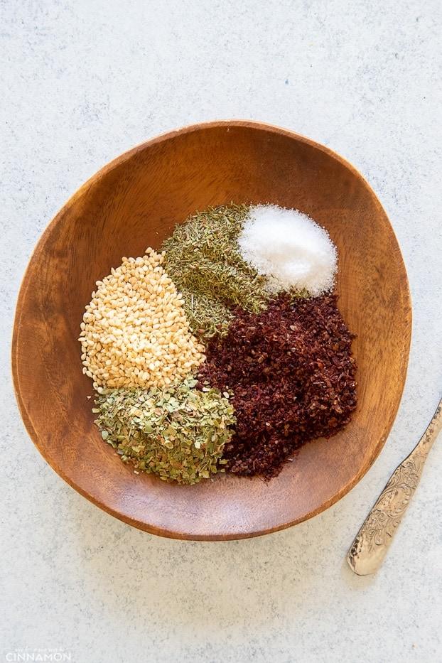 Close-up shot of za'atar spice blend in a small bowl