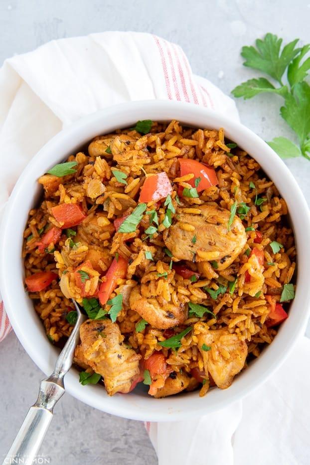 overhead shot of jollof rice salad in a bowl