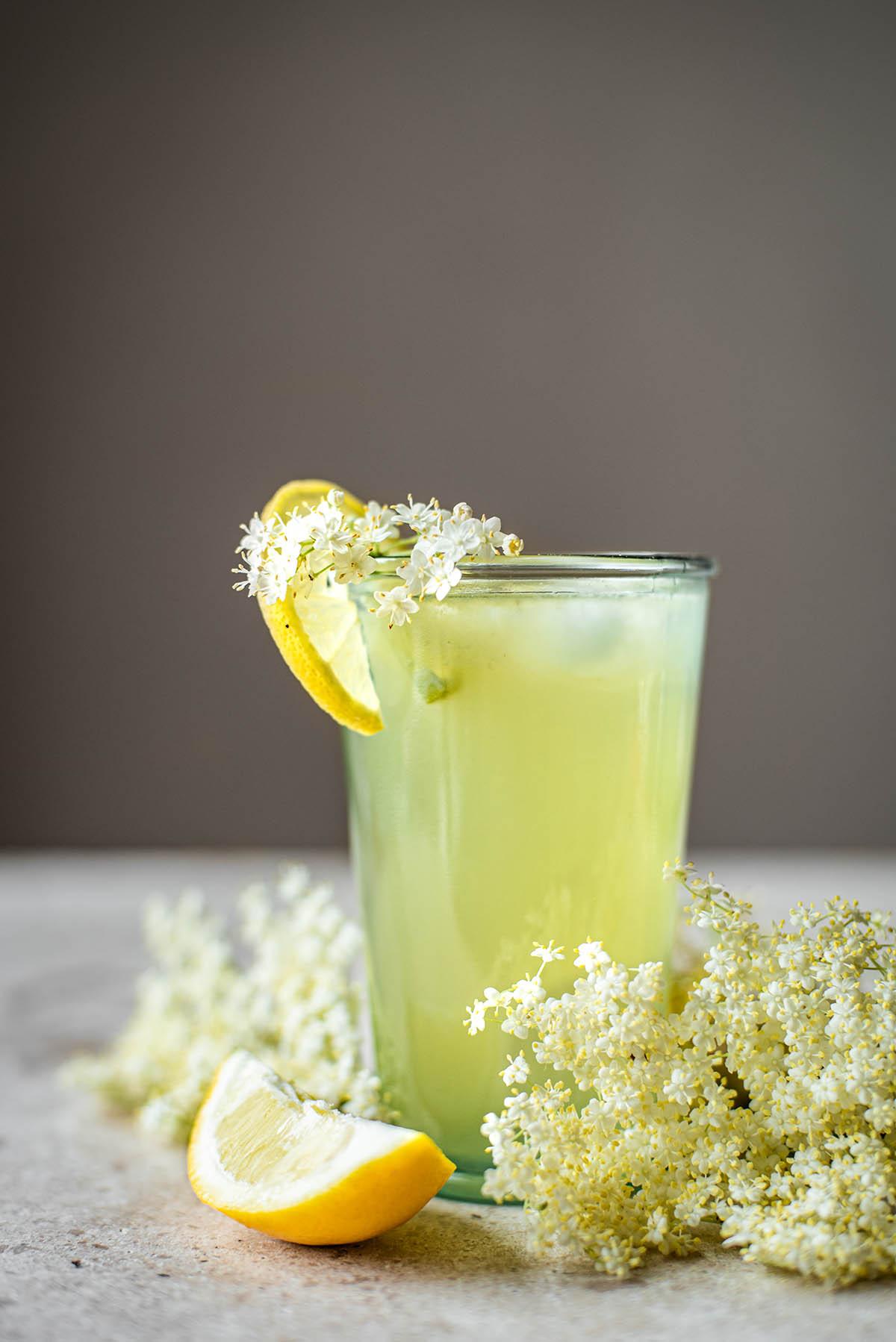 pitcher of homemade lemonade with elderflower
