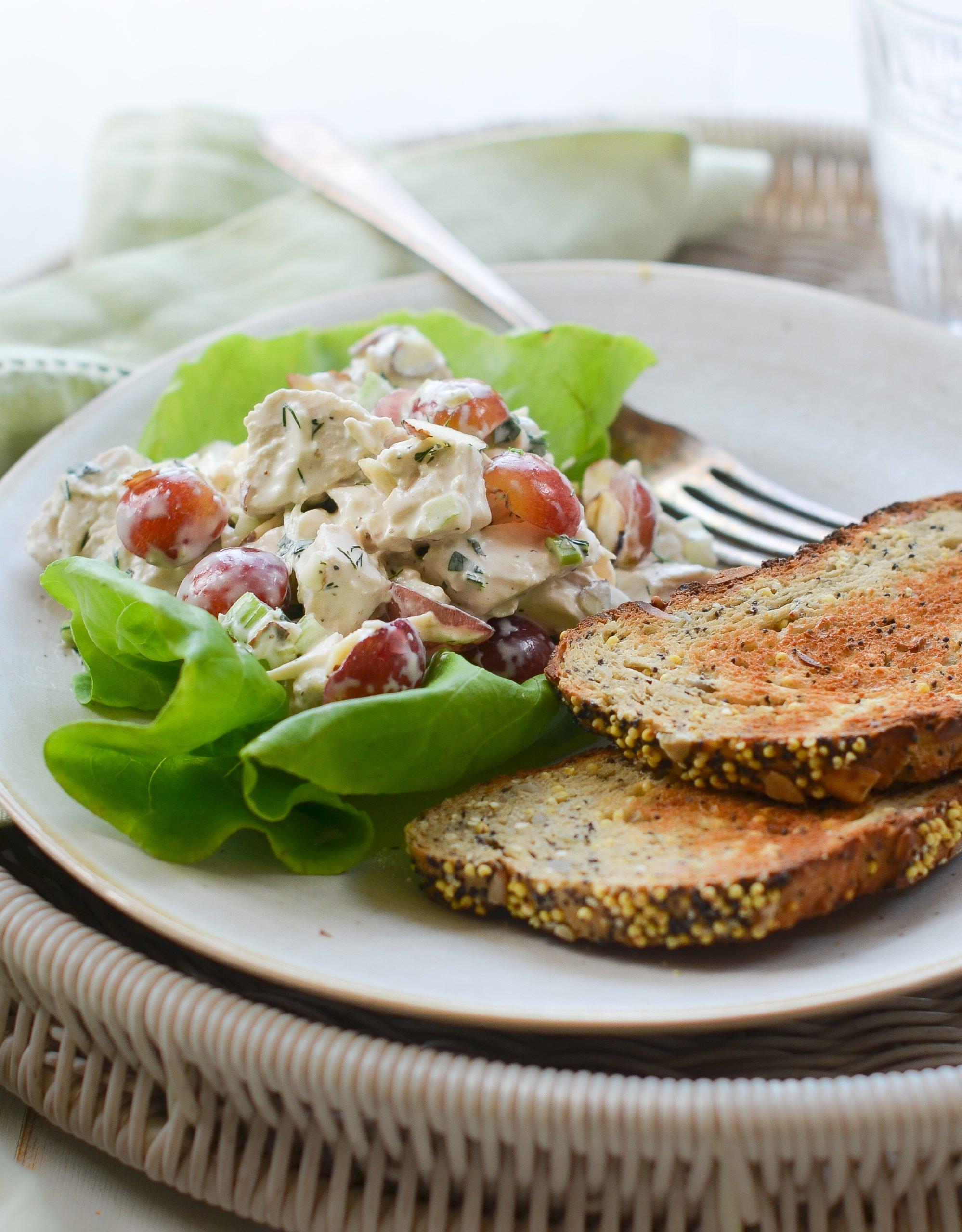 Close-up shot of Curried Chicken Salad Sandwiches with Grapes and Almonds