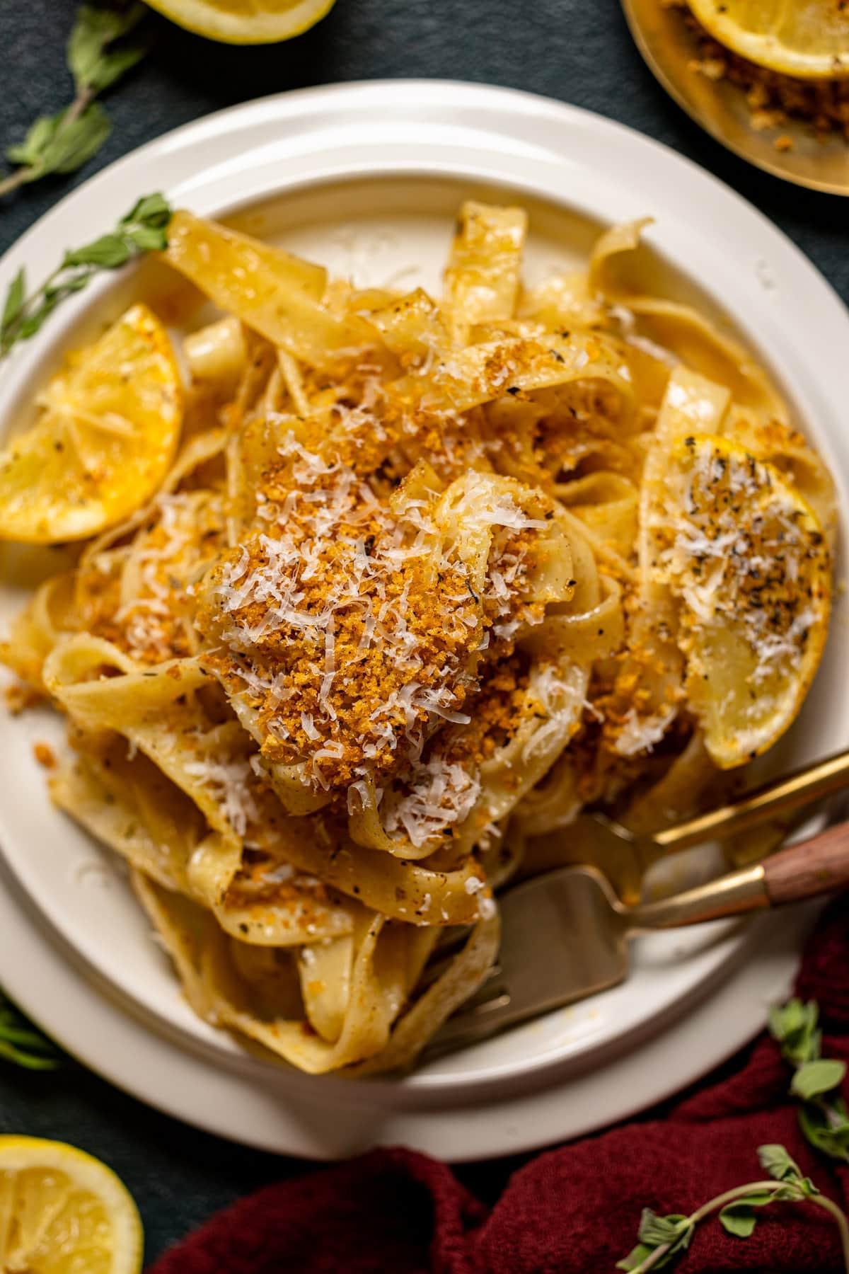 close up shot of pasta being tossed in brown butter sauce