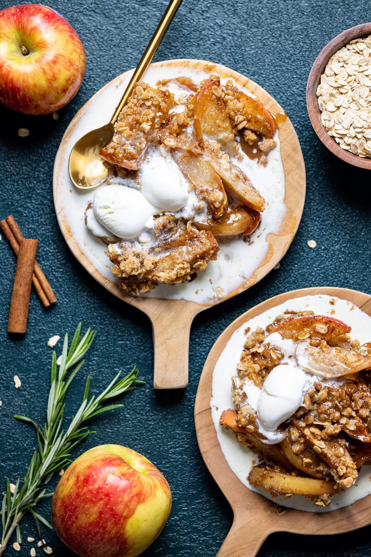 overhead shot of freshly baked apple crisp with salted caramel drizzle