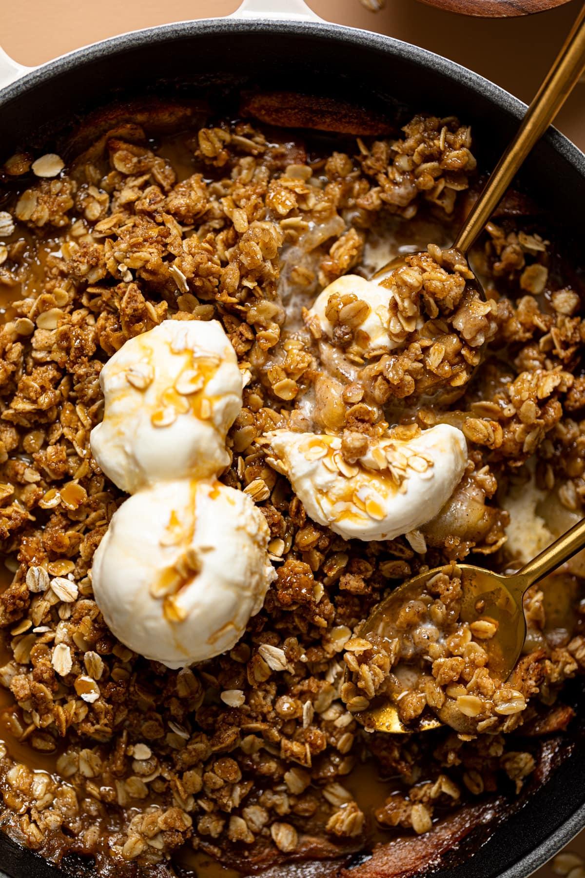 close up shot of the crumble topping on an apple and pear crisp