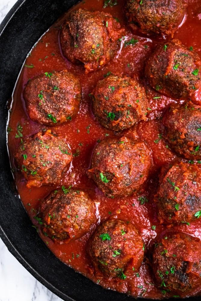 close-up of seared plant-based meatballs