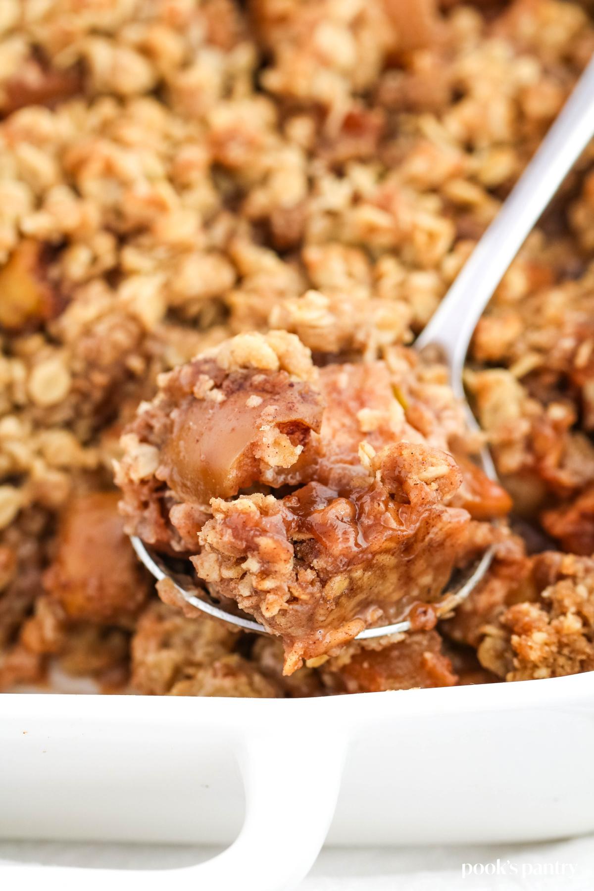 A close up of a bowl of apple crisp oatmeal with a spoon