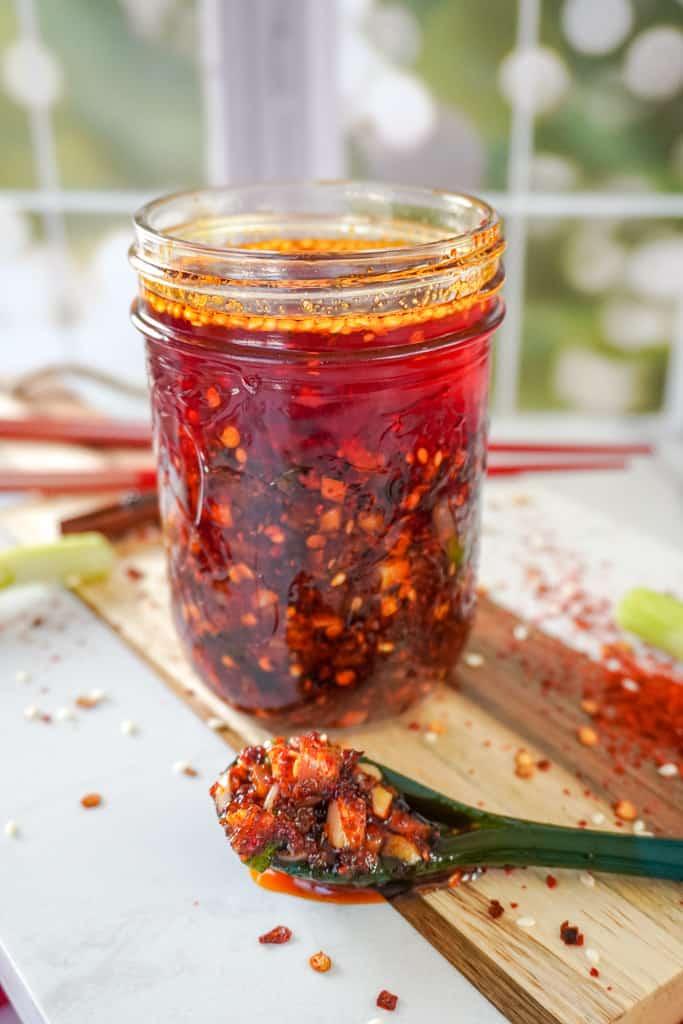 A close-up shot of the ingredients for the recipe, highlighting the Szechuan peppercorns and chili flakes