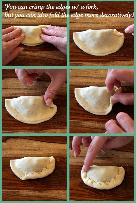 step by step images of how to fold and crimp empanadas