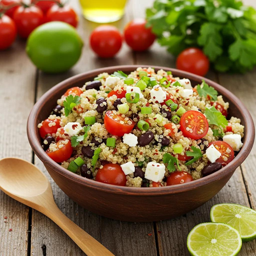 A vibrant quinoa salad with toasted almonds and fresh herbs in a rustic bowl.