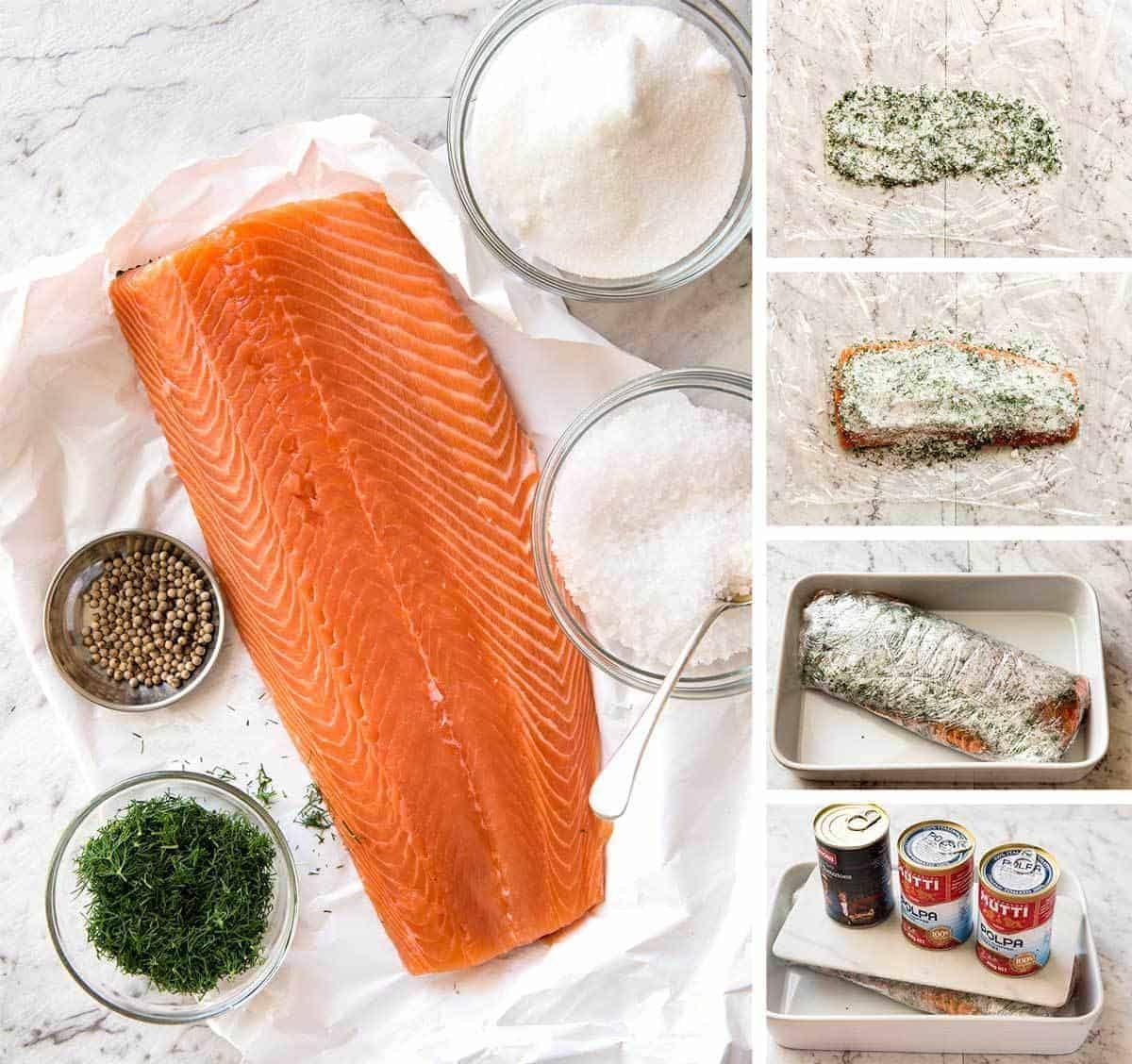 A person preparing gravlax, showing the steps