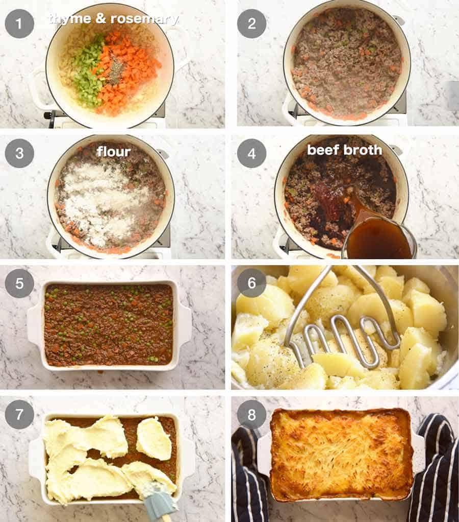 Overhead shot showing the step-by-step process of making the Easter Lamb Shepherd's Pie
