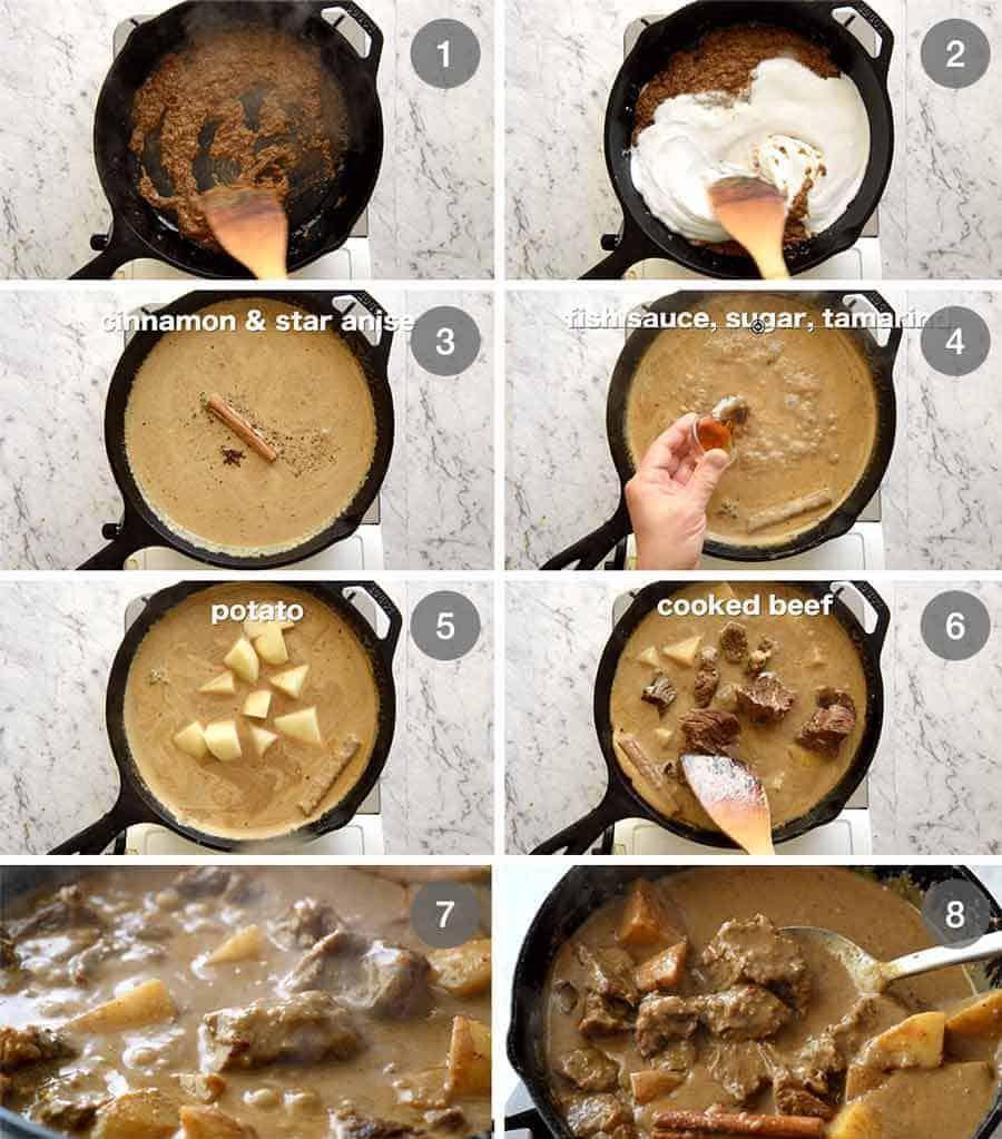 Step-by-step photos showing the preparation and cooking process of the Massaman Curry and rice.