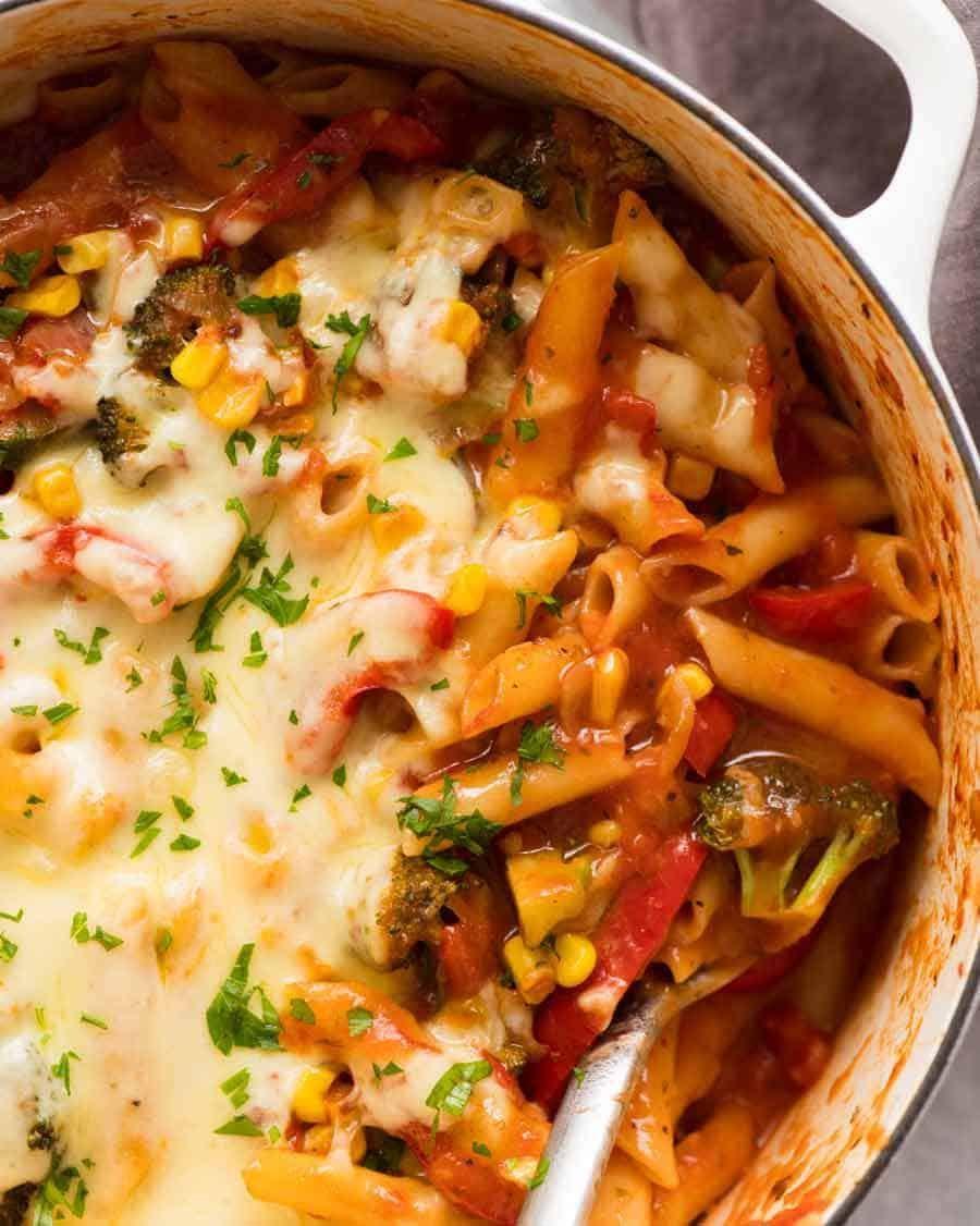 Close up of the pasta dish with various vegetable add-ins