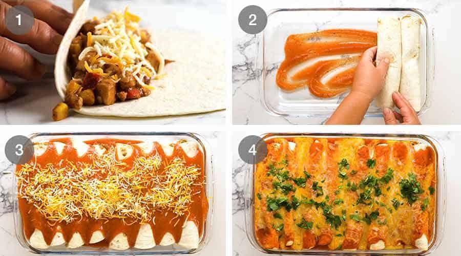A step-by-step image showing the assembly of the enchilada casserole
