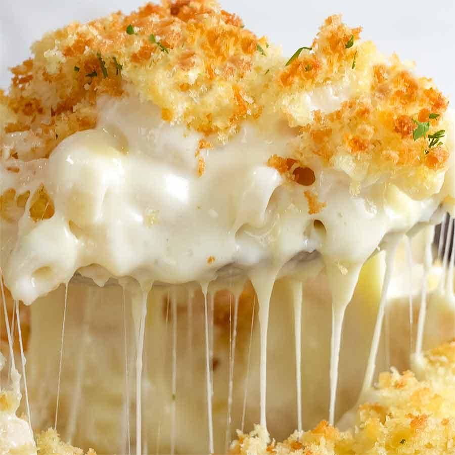 A close-up shot of the finished Tiger Mac and Cheese with breadcrumbs sprinkled on top.