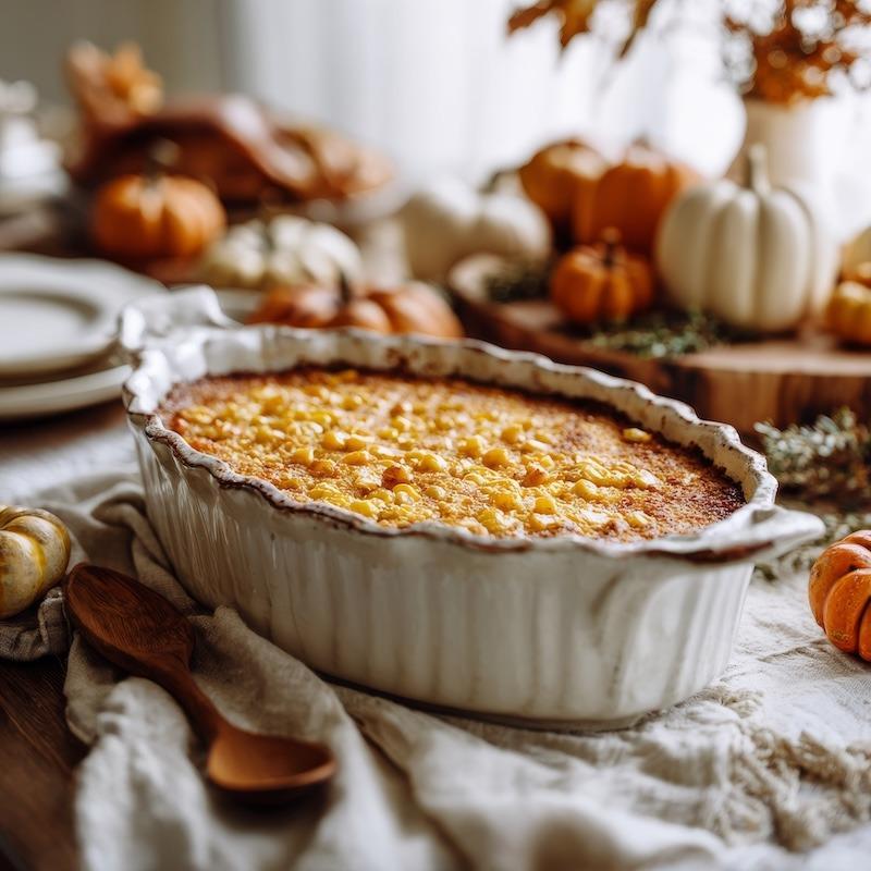 Golden brown corn casserole in a baking dish, steam rising, warm inviting kitchen scene