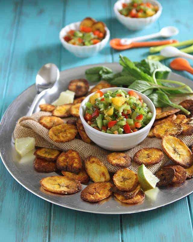 Close-up shot of sweet plantain salsa in a rustic bowl