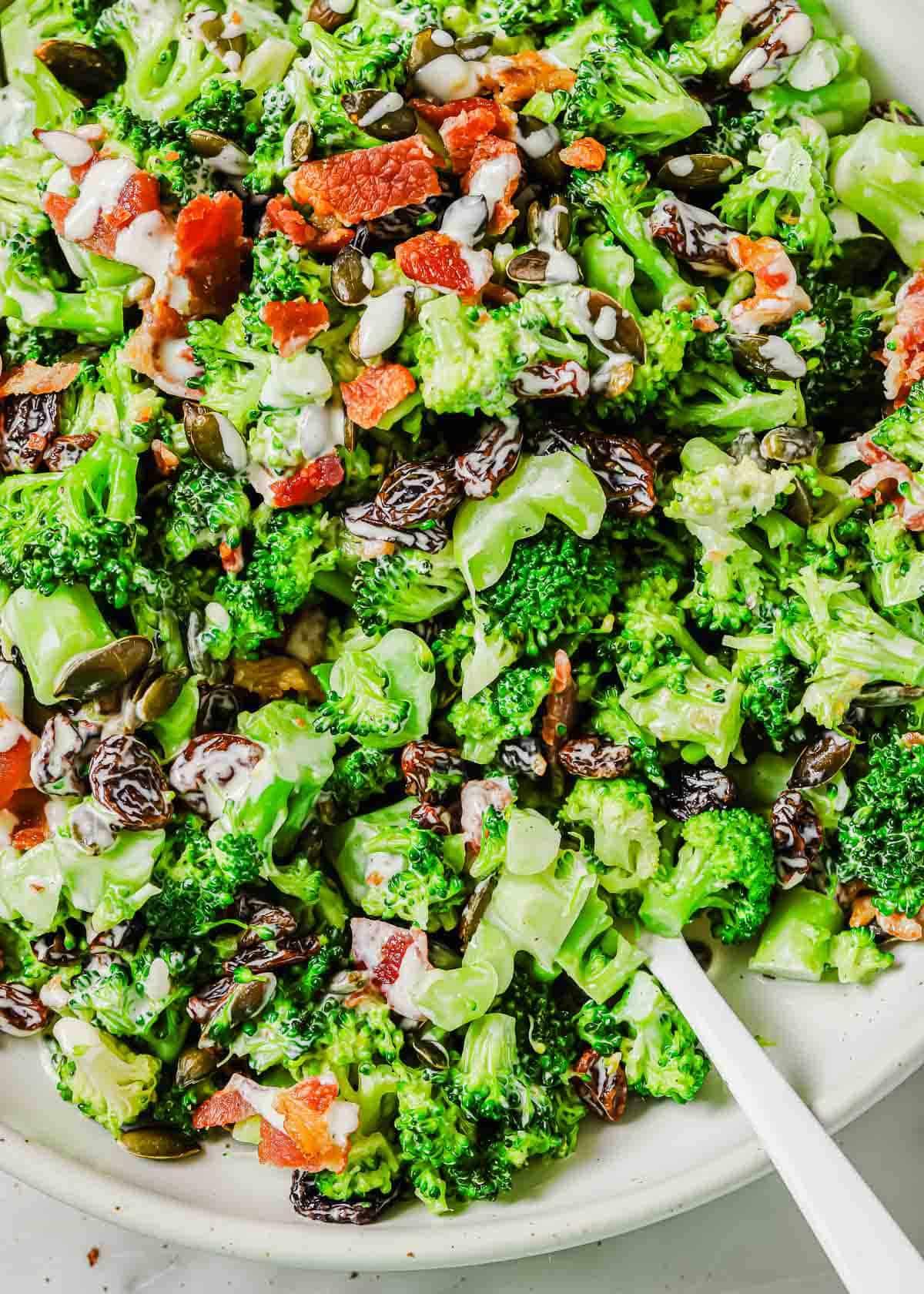 Close up shot of the finished broccoli salad, highlighting its texture and color