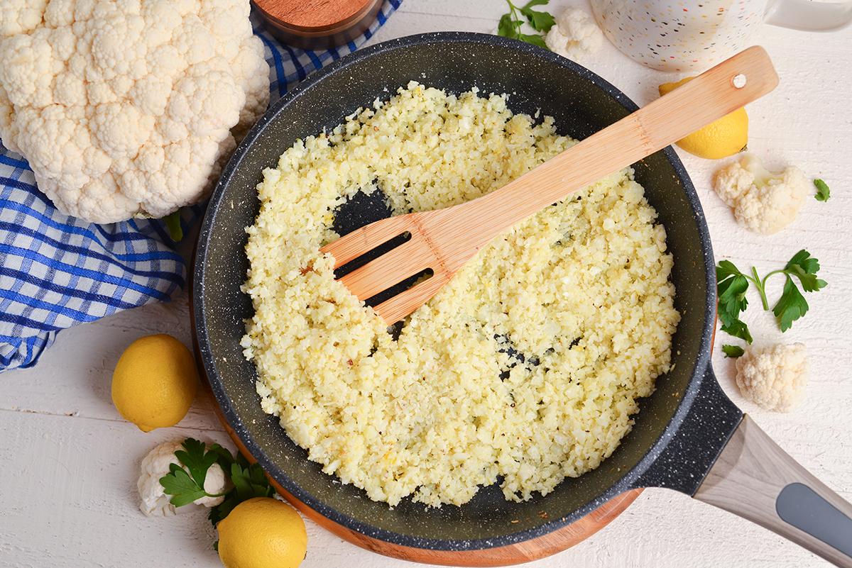 Overhead shot of all the ingredients needed to make Estonian Cauliflower Rice with Black Pudding and Sauerkraut