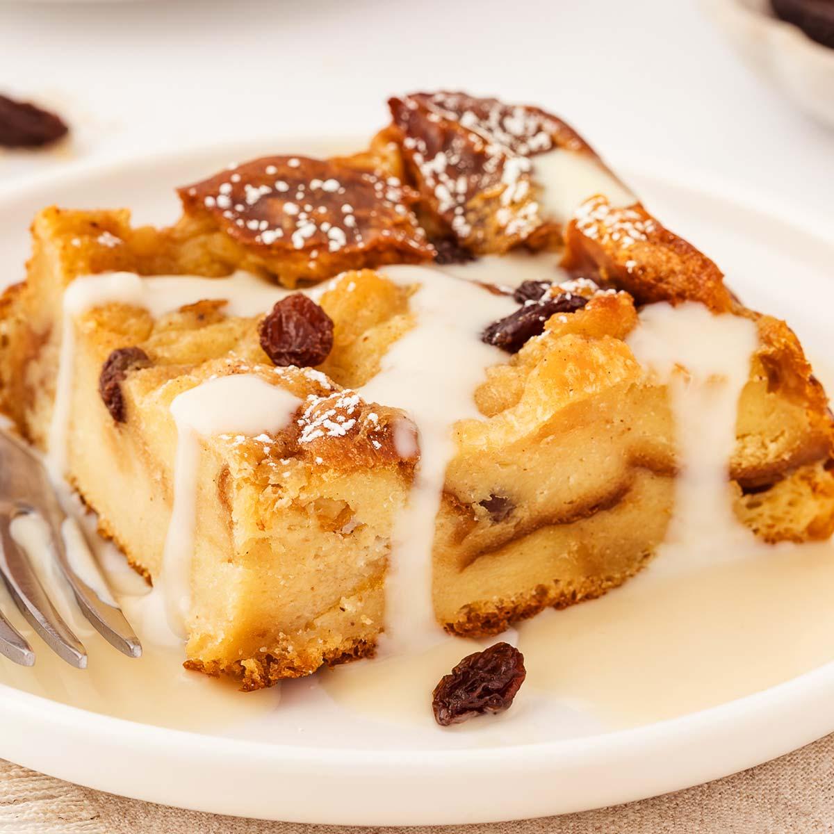 Close up of the bread pudding, highlighting its texture and ingredients