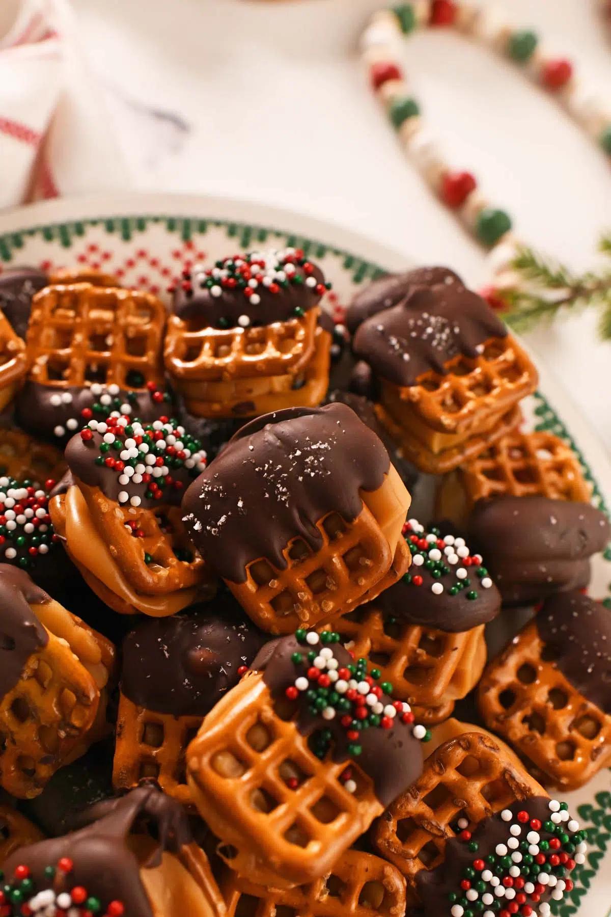 Close up shot of a delicious caramel-covered pretzel bite