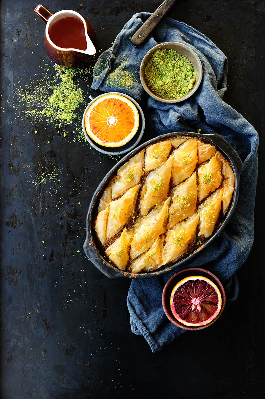 Close-up shot of a piece of Orange Chocolate Baklava