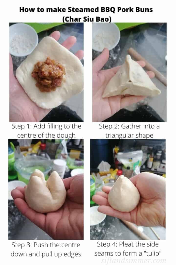 step-by-step images showing the process of filling and sealing the pork buns