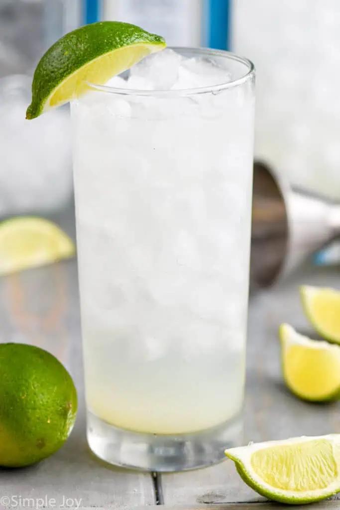 Close-up of a Gin Rickey garnished with a lime wedge