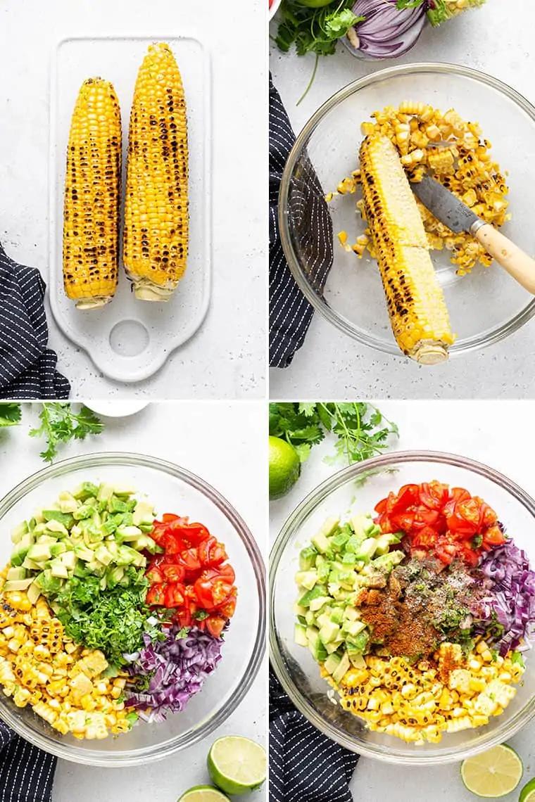 A close-up image of a single grilled corn and avocado spring roll, highlighting the textures and colors of the ingredients.