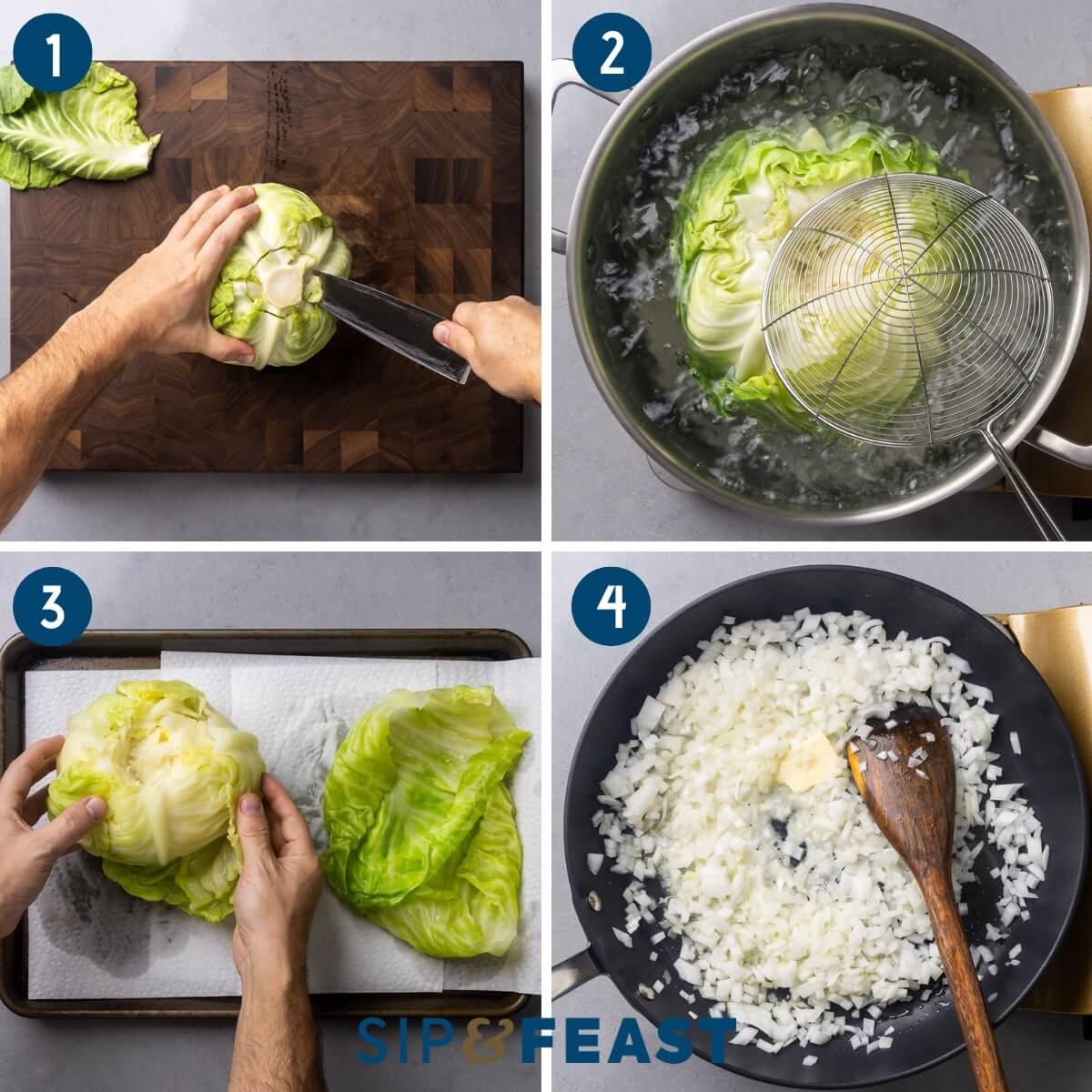 Step-by-step photos showcasing the process of making the recipe, from preparing the cabbage to serving the final dish.