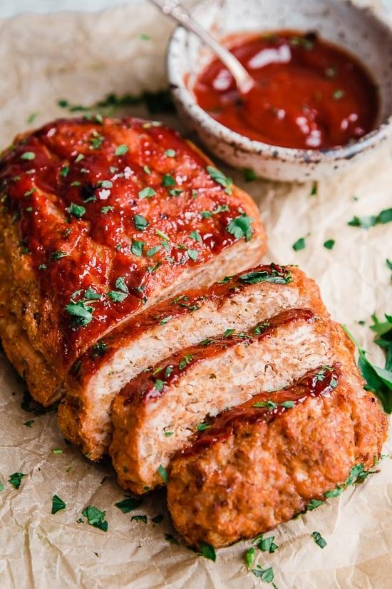 Turkey meatloaf baking in an oven