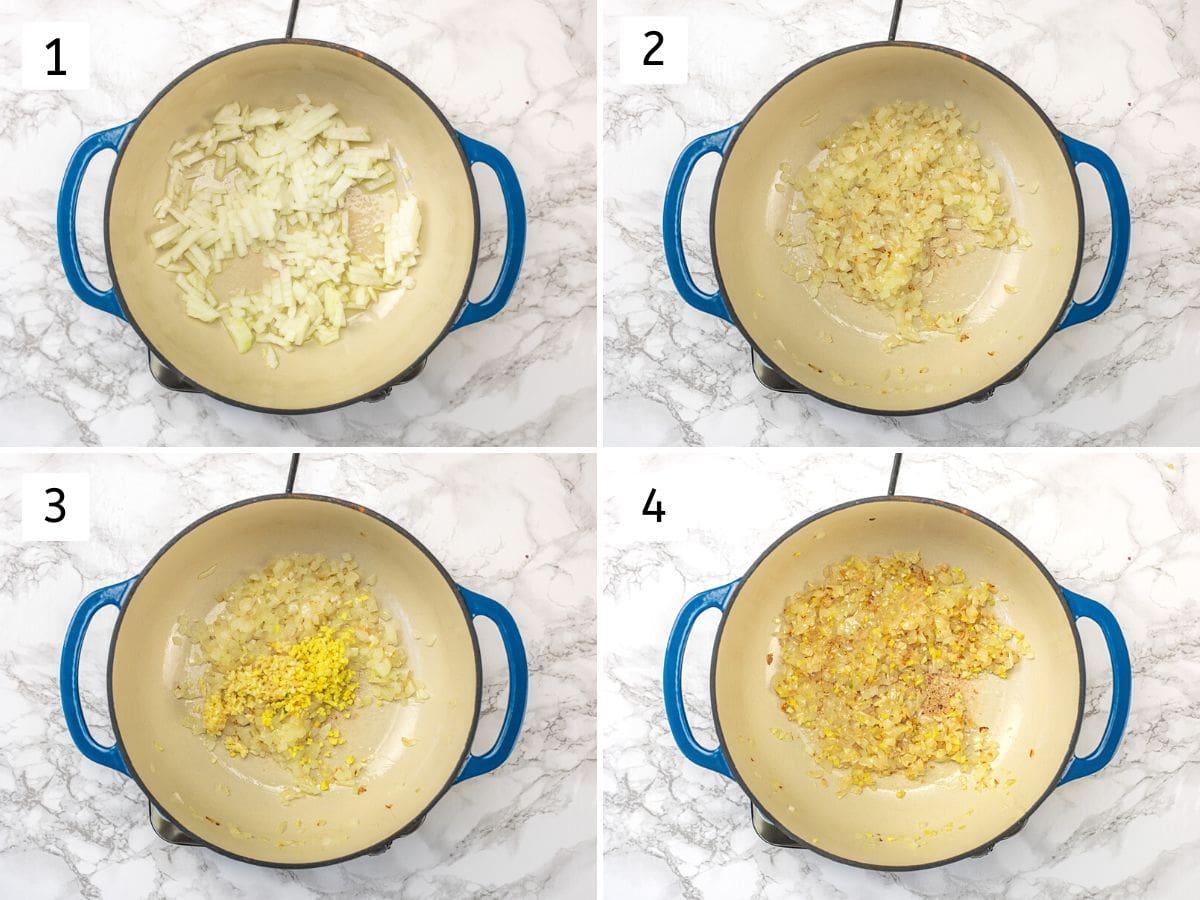 Step-by-step photos of making the pumpkin soup: chopping pumpkin, sautéing onions, blending the soup, garnishing with coconut flakes