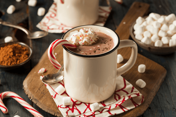 A steaming mug of hot chocolate with a cinnamon-sugar rim, garnished with marshmallows