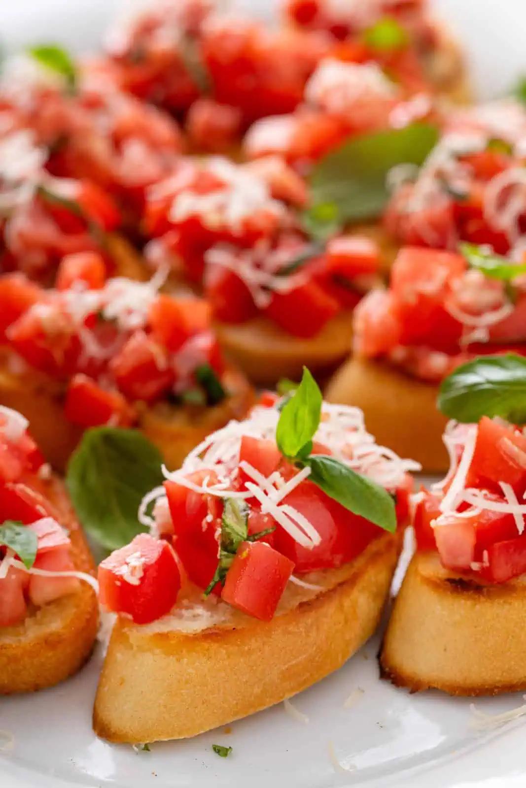 A close-up shot of a single serving of the bruschetta, highlighting the texture and ingredients