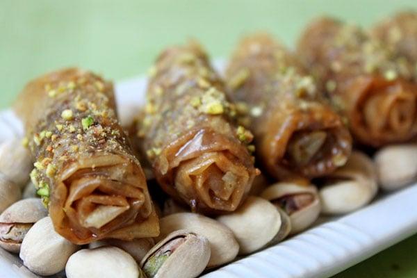 cardamom spiced baklava fingers on a serving plate