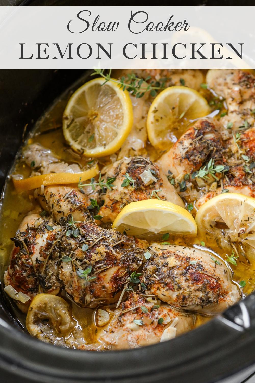 A rustic-style image showing a slow cooker with chicken and couscous, with fresh herbs sprinkled on top