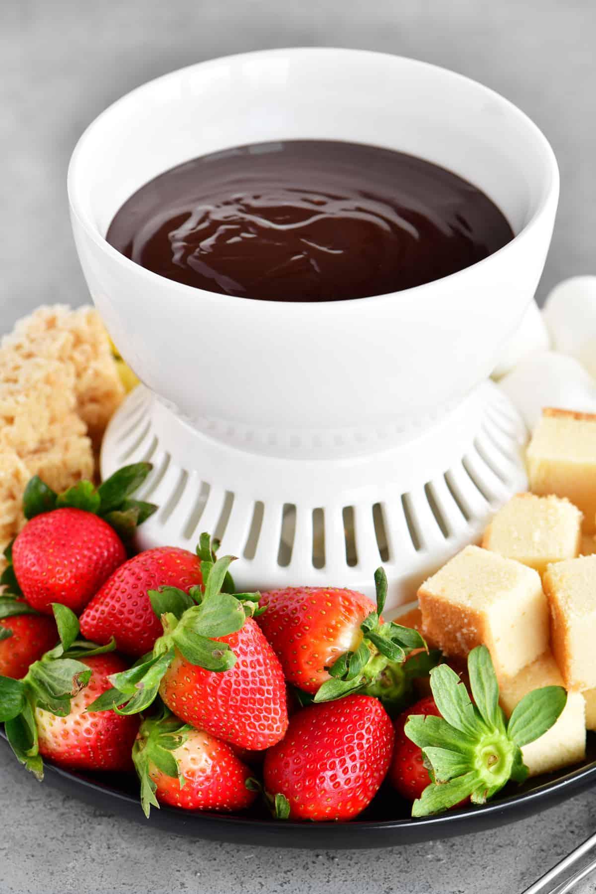 Close-up shot of a raspberry chocolate fondue