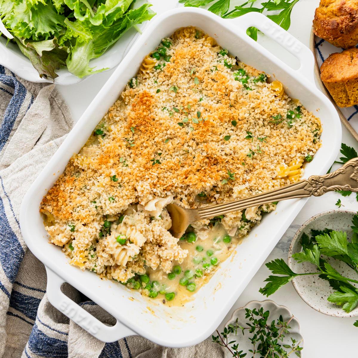 A wide shot of the finished casserole, beautifully presented in a baking dish
