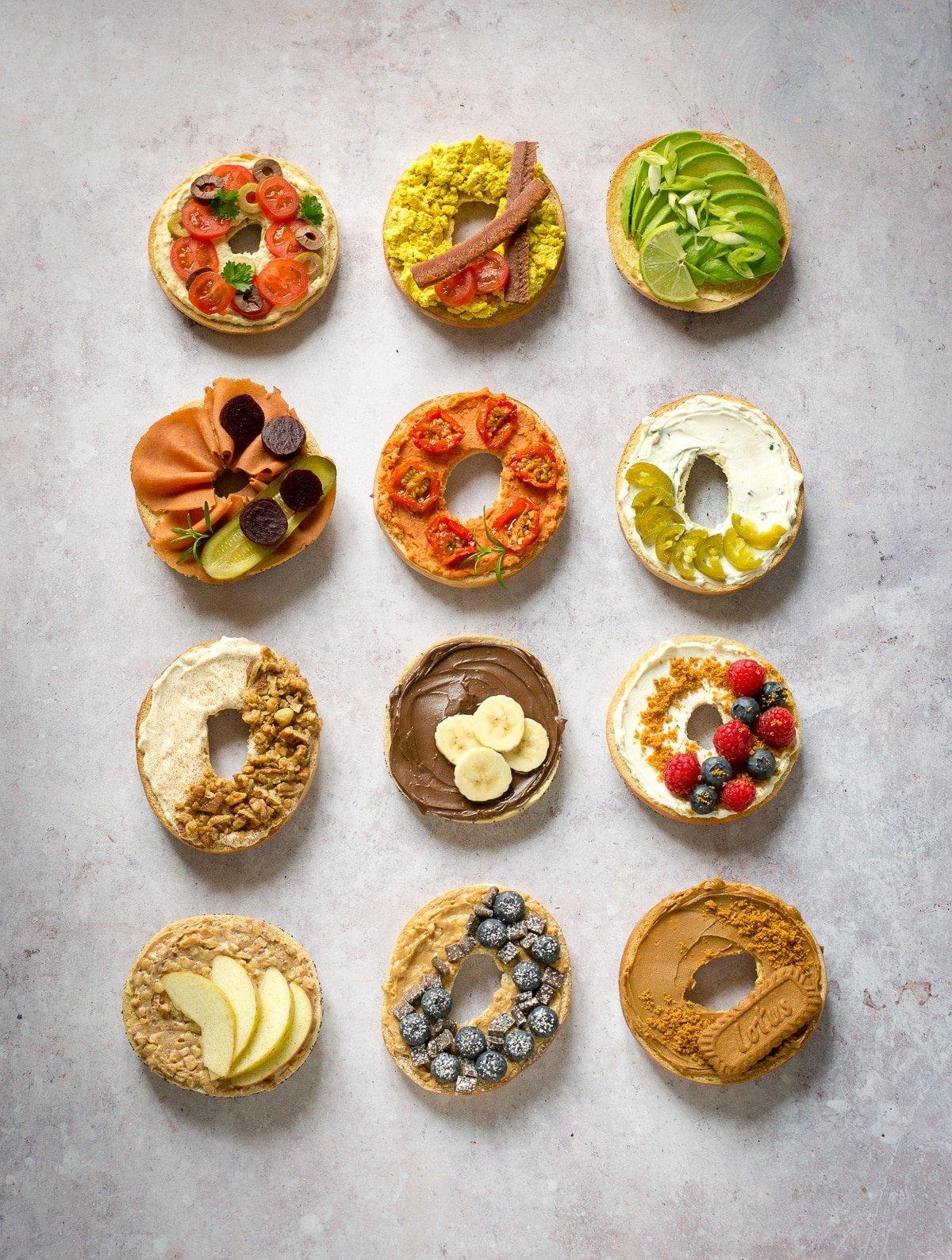 Different variations of mini bagels with various toppings