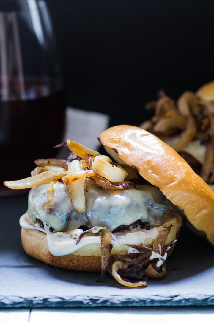 assembled Caramelized Onion Gruyere Ramen Burger