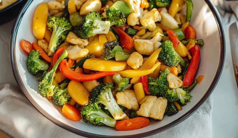 vibrant stir-fry of colorful vegetables in a wok, glistening with hoisin sauce