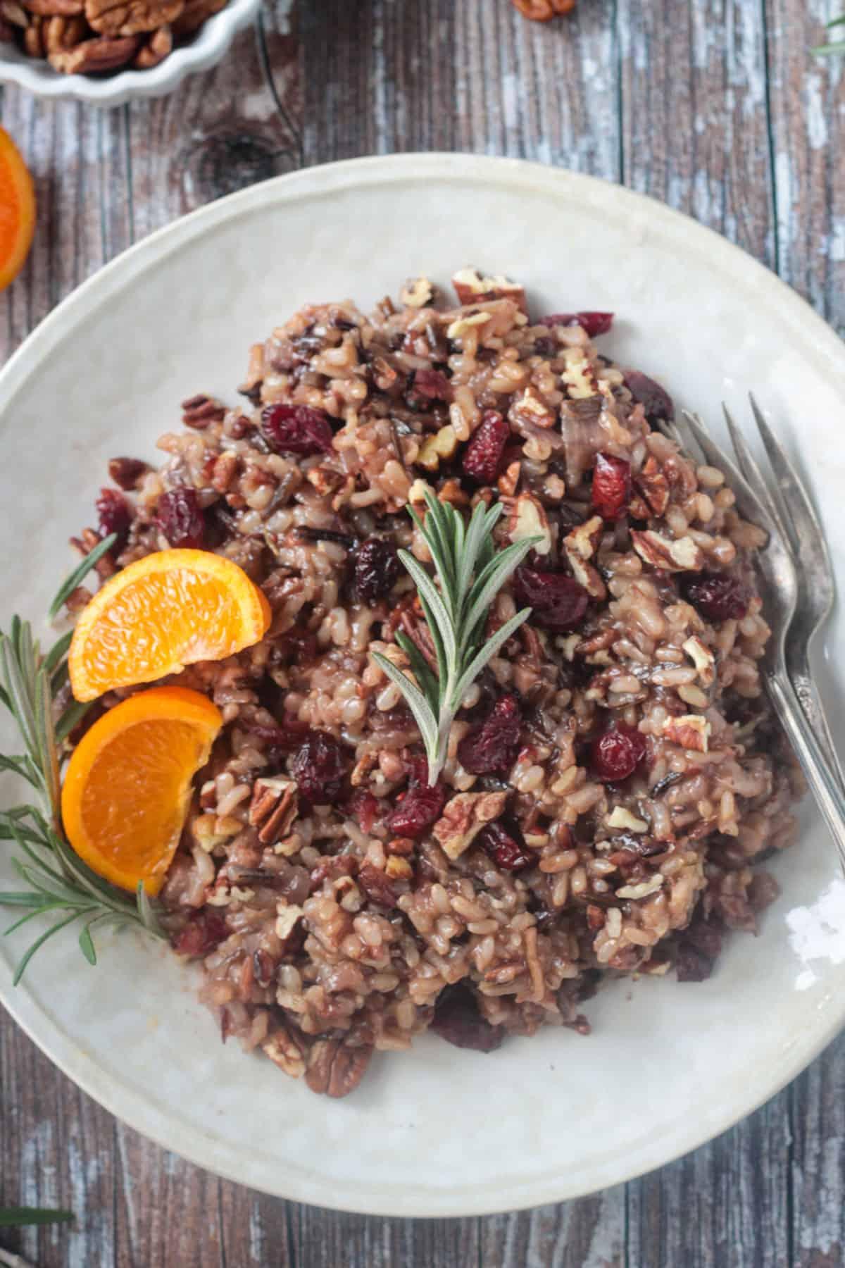 Close-up of wild rice stuffing with cranberries and pecans