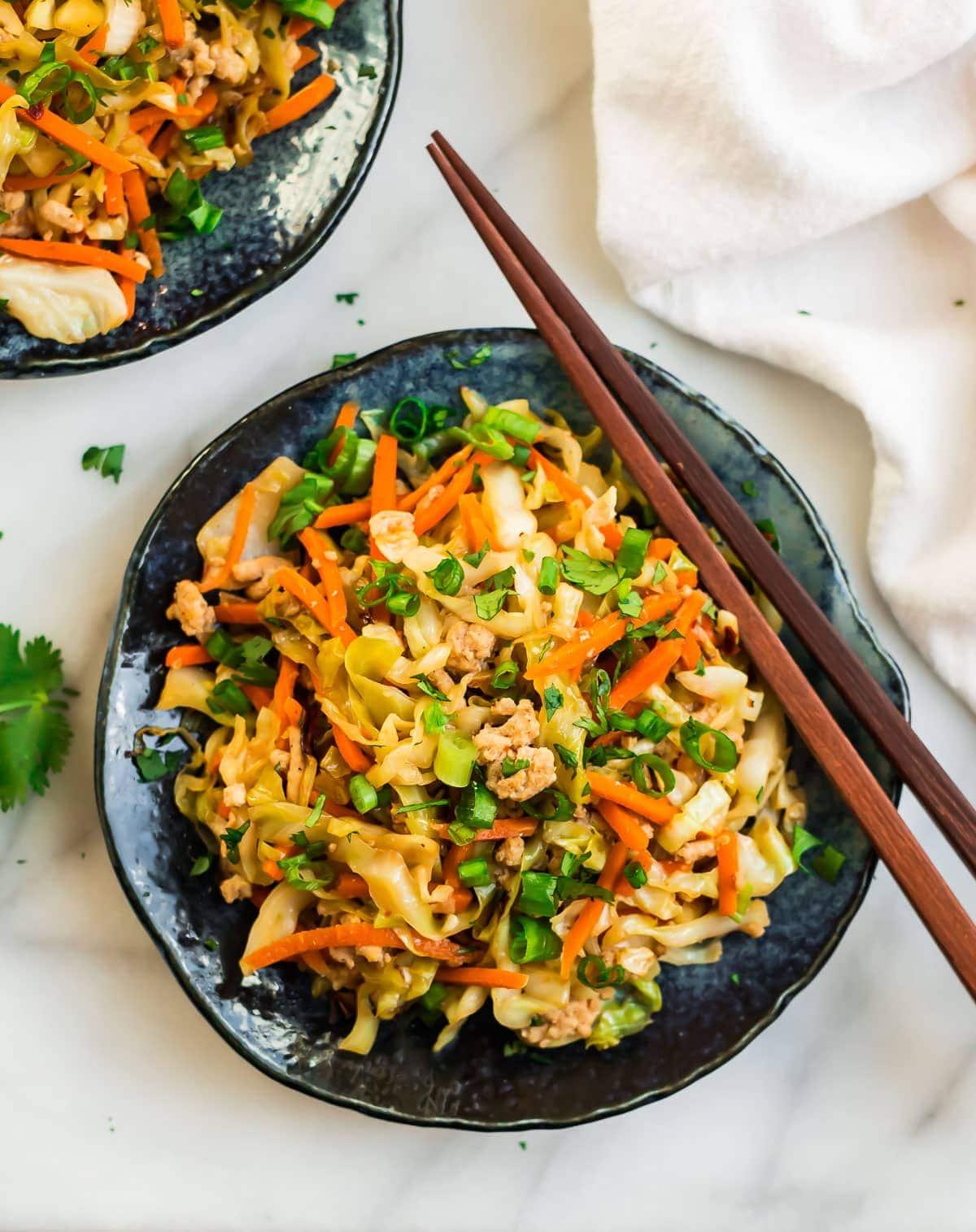 Close up shot of a wok with savoy cabbage stir-fry