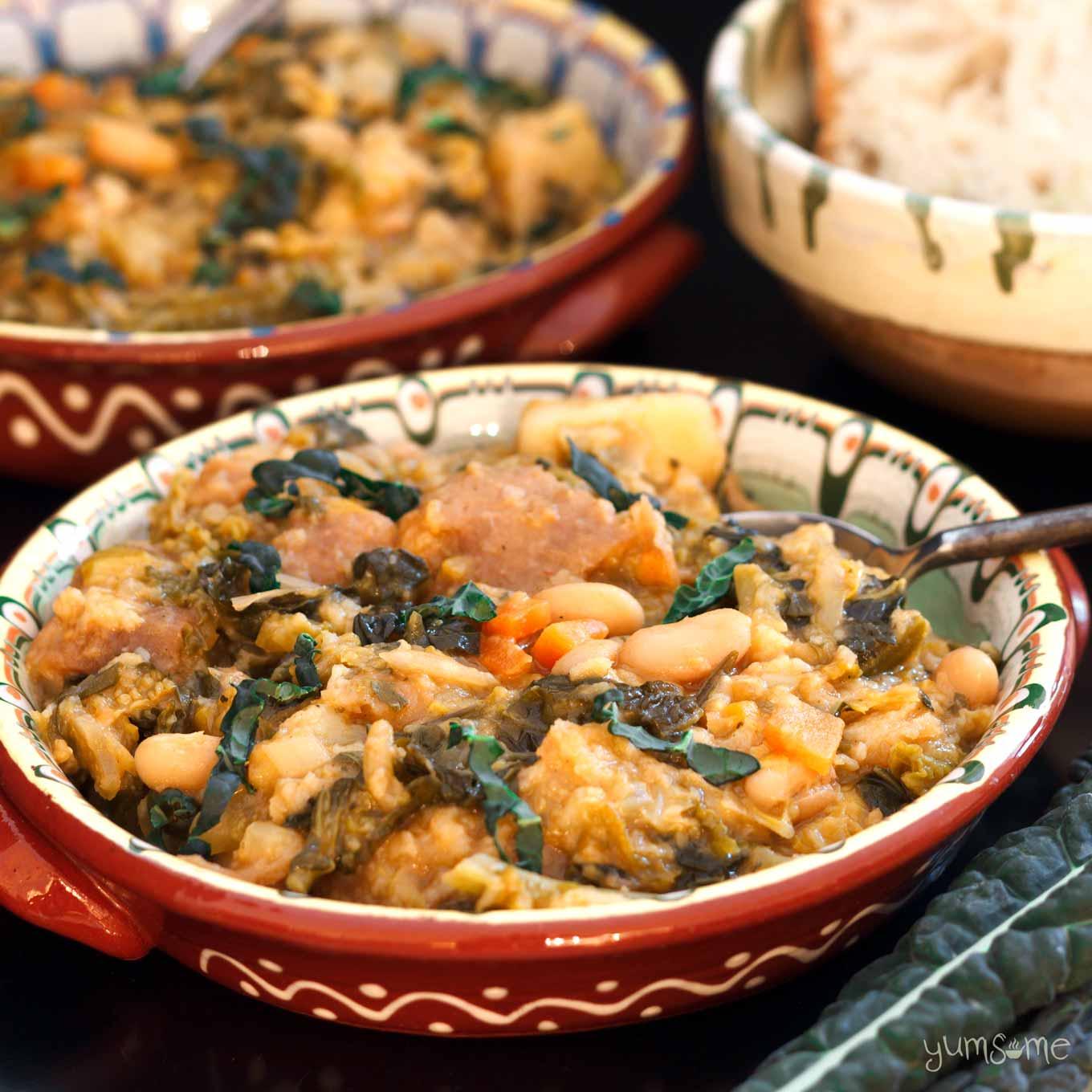 close-up of Ribollita stew in a bowl with bread