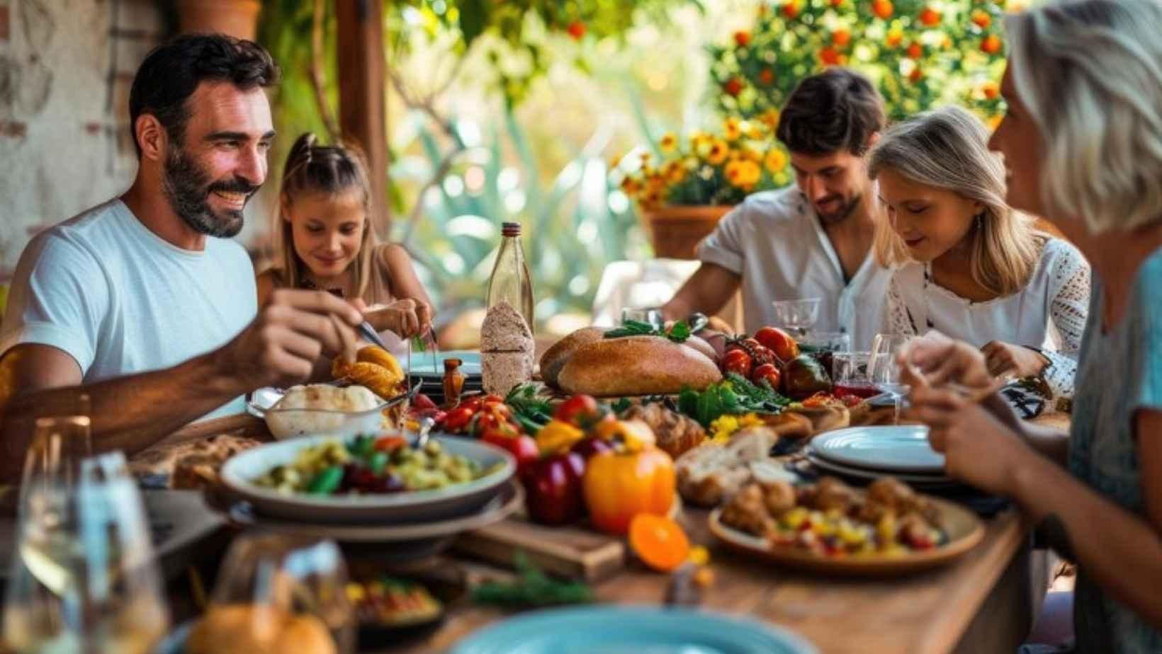 A rustic kitchen scene, possibly Mediterranean, with a family gathered around a table enjoying souvlaki.
