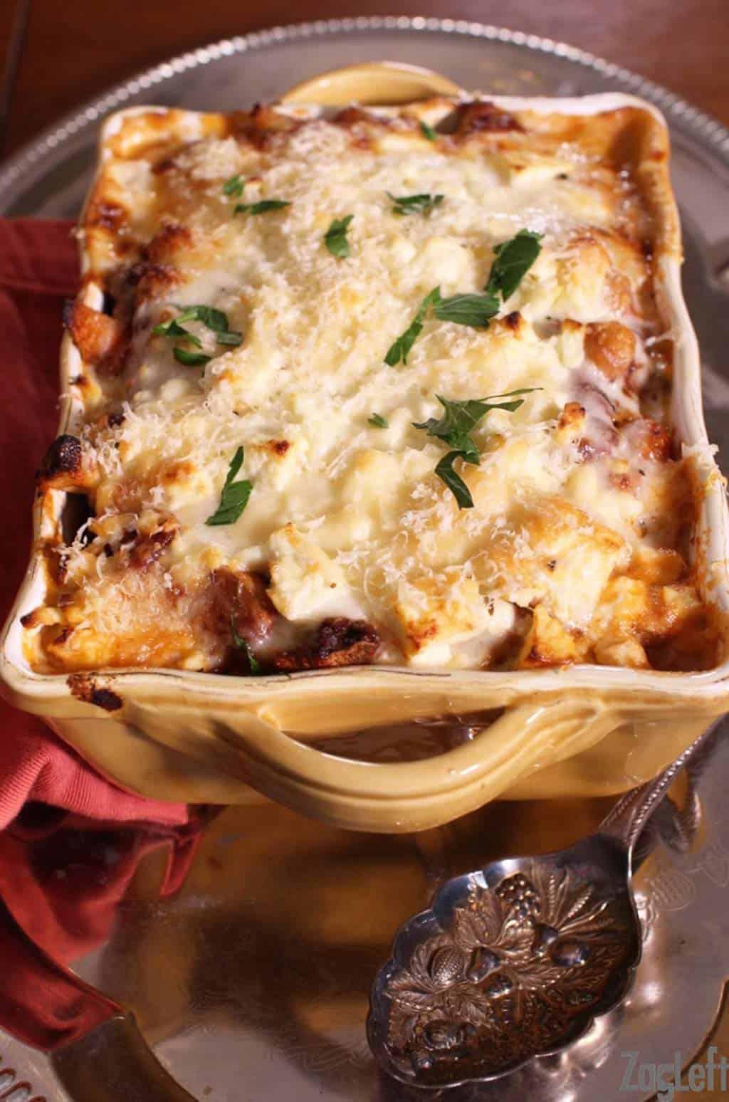 Close-up shot of a single serving of one-pan moussaka