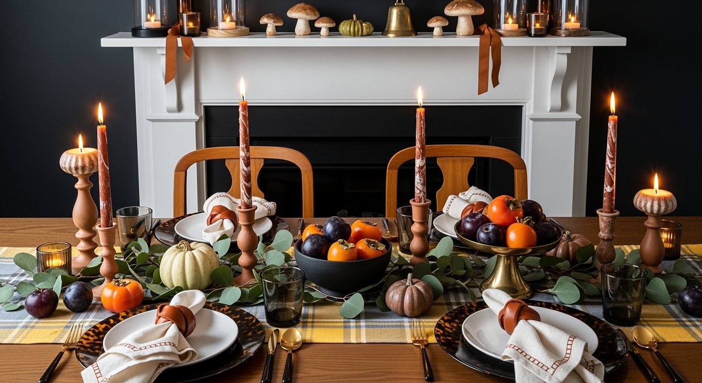 Cozy Thanksgiving pumpkin cranberry bake with rustic decor, warm lighting