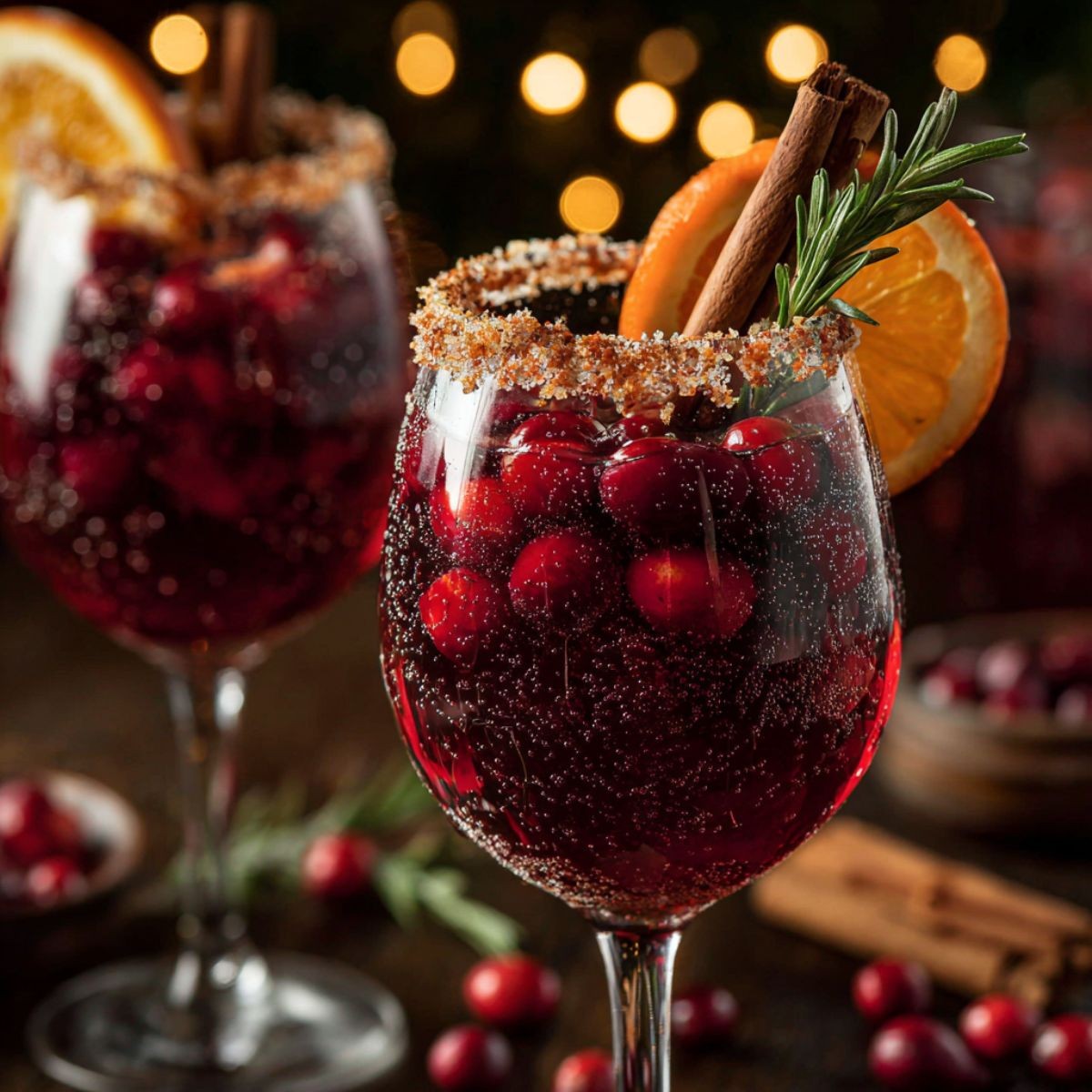 Vibrant ruby red sangria with festive garnishes in crystal glasses, holiday party background, warm lighting