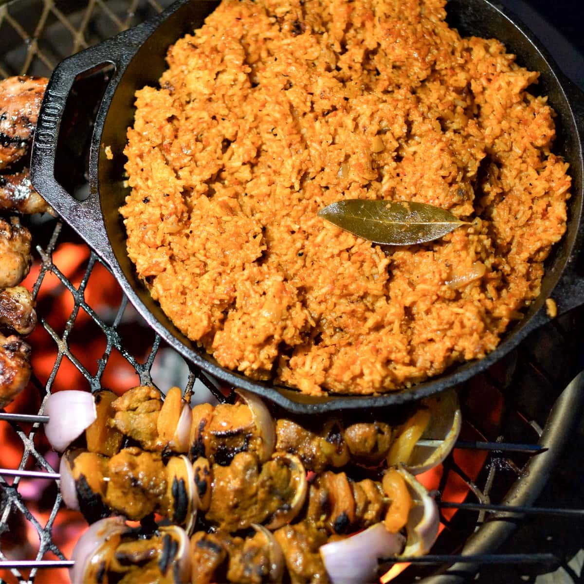 Burkina Faso Jollof Rice with Bissap drink on a wooden table